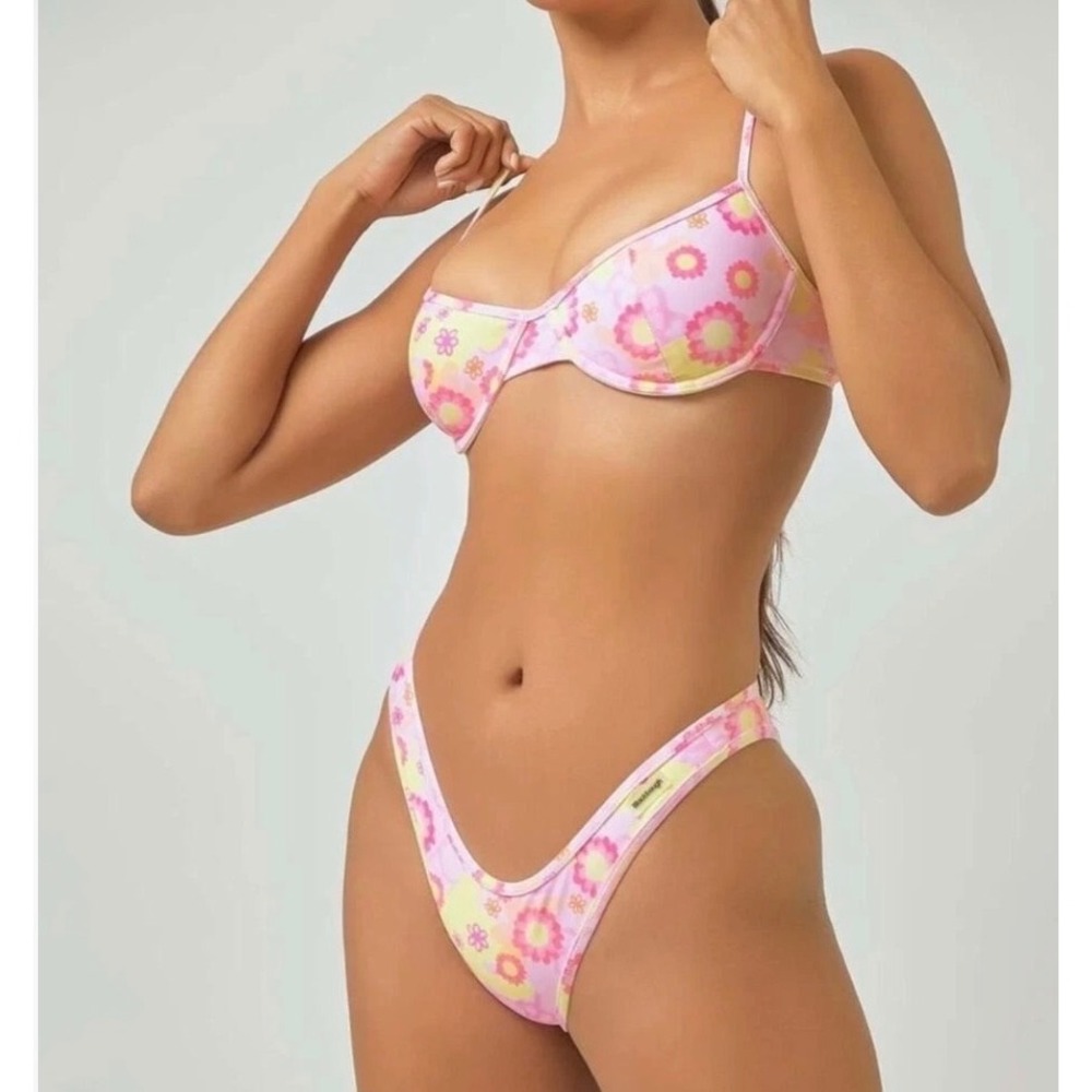 Blackbough Bikini Set Small‎ Pink Yellow Floral Triangle High Cut Fiona Swimsuit